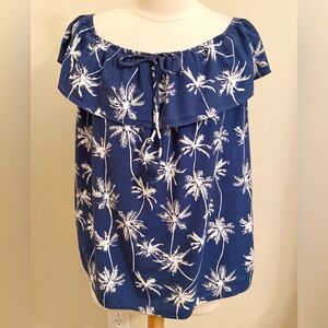 Style & Co Blue White Palm Tree Print SZ L Boho Coastal Island Chic Beachy Top